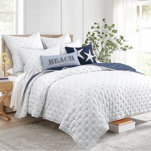 LEVTEX Embroidered Swiss Dot White/Navy Quilt Set, Full/Queen